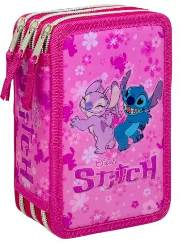 Clondo Astuccio 3 Scomparti Scuola Bambina Per Stitch Fan Completo 44 Pezzi – Effetto 3D con Personaggi – 20x12x7 cm – Kit Cancelleria Triplo Corredo Elementare e Primaria 6+ Anni