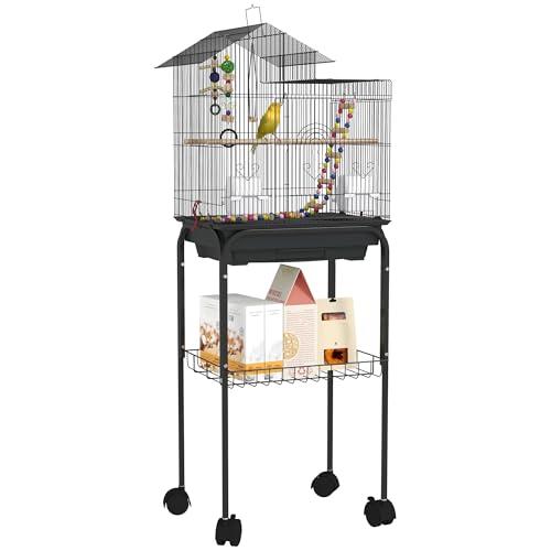 PawHut Gabbia per Uccelli con Piedistallo, Voliera con Ripiano a Rete e 4 Ruote Girevoli, Gabbietta con Altalena, Ciotole e Giochi, 46x36x120 cm, Nero