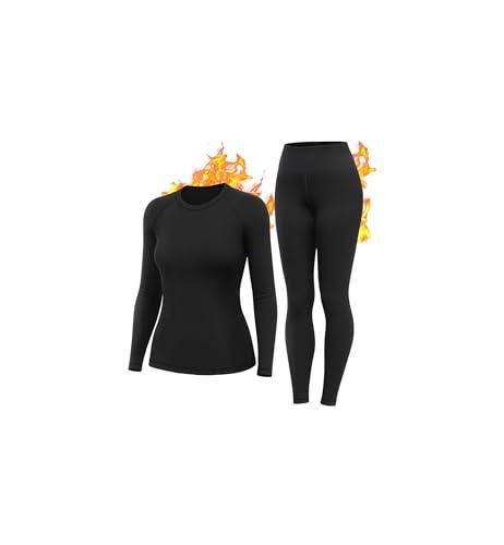 HiZiTi Intimo Termico Donna Maglia Lunga Tuta Invernale Biancheria Termici Abbigliamento Termica Completo Leggings Magliette Calze Pantaloni Termiche Completo Sci Donna Nero S