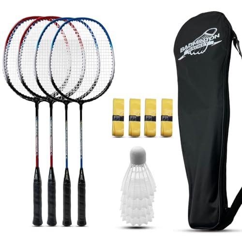 Magicorange Set di 4 racchette da badminton per giochi all'aperto, tra cui 4 racchette, 4 volani, 4 nastri di ricambio e 1 borsa per il trasporto (blu + rosso)