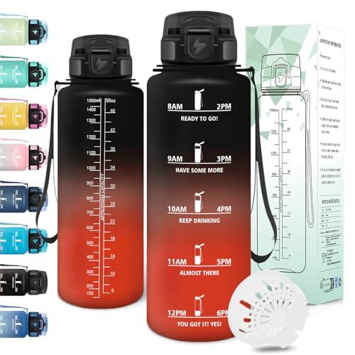 Motswedi Borraccia 1,5 litri, a Prova di Perdite, Borraccia Motivazionale, Riutilizzabile, Bottiglia Acqua, Senza BPA, Borracce, per Palestra, Ufficio, Sport, Ciclismo, Running, Nero Rosso