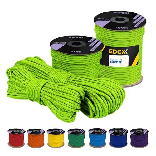 EdcX Poliestere Paracord 550 (15, 30 e 50 m) – 4 mm Tipo III, Cavo per Paracadute Resistente allo Strappo per la Sopravvivenza in 100% Poliestere con 7 Fili | Colori a Tinta Unita (Neon Green, 15 m)