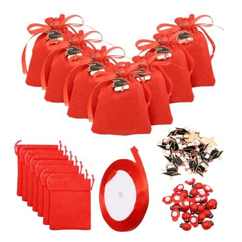VEGCOO 32 Pezzi Bomboniere Portaconfetti Laurea Con Ciondoli, Coccinella e Nastro Rosso - Sacchetti Per Confetti Decorazione Cerimonia