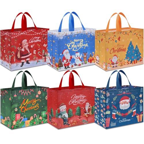 AhfuLife 6pcs Grandi Borsa Regalo di Natale, 36×40×15cm, Sacchetti di Natale Riutilizzabile in Tessuto Non Tessuto, Borse per la Spesa Natalizi, Sacchetti con Manico per Confezioni di Regali