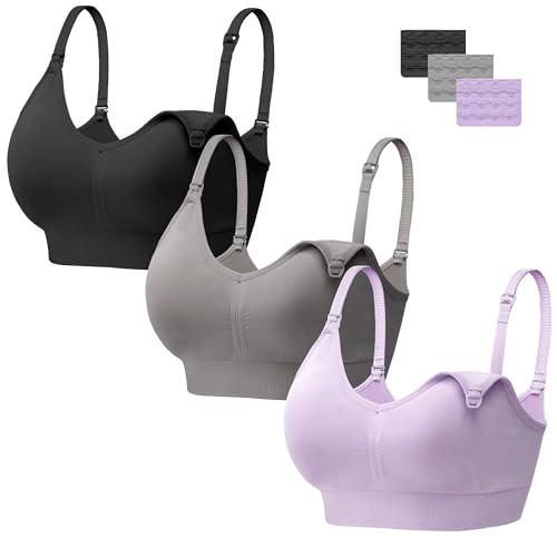 HBselect 3 PCS Reggiseno Allattamento con Estensione Reggiseno Bra Donna Morbido e Traspirante Reggiseno Senza Ferretto e Senza Cuciture. (Nero, Grigio, Viola (con 3 Bottone), L)