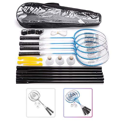 meteor Set Badminton per 2 o 4 Giocatori - Racchette 3 Volani 1 Rete - Set Perfetto per Bambini Ragazzi e Adulti - per Tutta Famiglia - Spiaggia Giardino Vacanza (4 Racchette, Blu)
