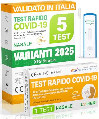 Adeste – 5 Tamponi COVID 19 rapido 2025 - Test Nasali Nuove Varianti 2025 - Sensibilità 100% a carica virale alta - Certificati per Uso Domestico - Risultato rapido