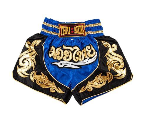 MUAY NATION Pantaloncini Muay Thai per Uomo e Donna, Pantaloncini da Boxe MMA dal Taglio Slim, Abbigliamento da Allenamento per Kickboxing (IT, Testo, XL, Regular, Regular, Blu)