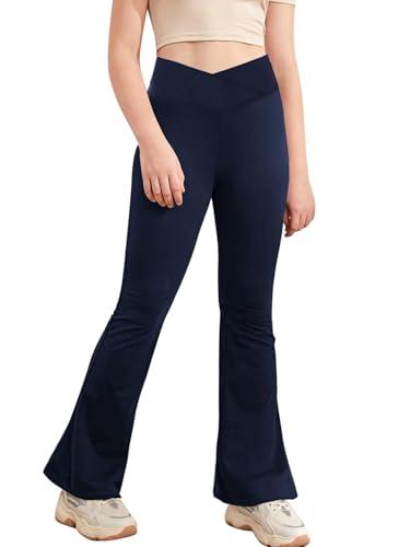 Haloumoning Leggings da ragazza a soffietto V Crossover Flared Pantaloni da yoga per bambini, pantaloni svasati per yoga, danza, corsa, Blu scuro, 7-8 Anni