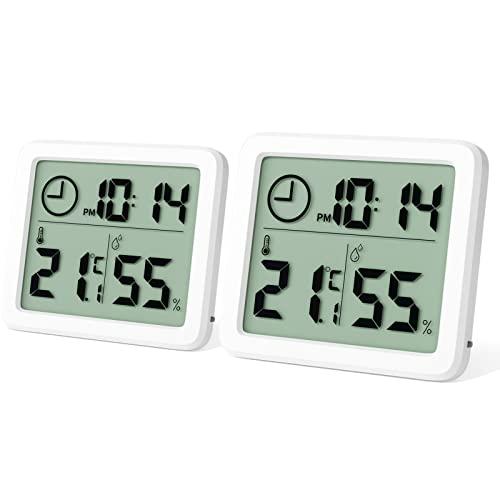 Newaner 2 pezzi Mini Termometro Digitale Ambiente Interno, Igrometro Portatile Grande Schermo con Orologio, Bianco Preciso Termoigrometro, Misuratore Umiditàper Casa, Cameretta, Ufficio, Serra