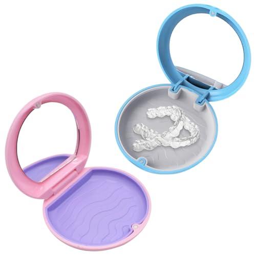 2 Pezzi Porta Apparecchio Denti,con specchio,Porta Bite Dentale Portatile,Contenitore per Protesi Dentarie, Scatola per apparecchi ortodontici,per Paradenti,dentiere(Blu + Rosa)