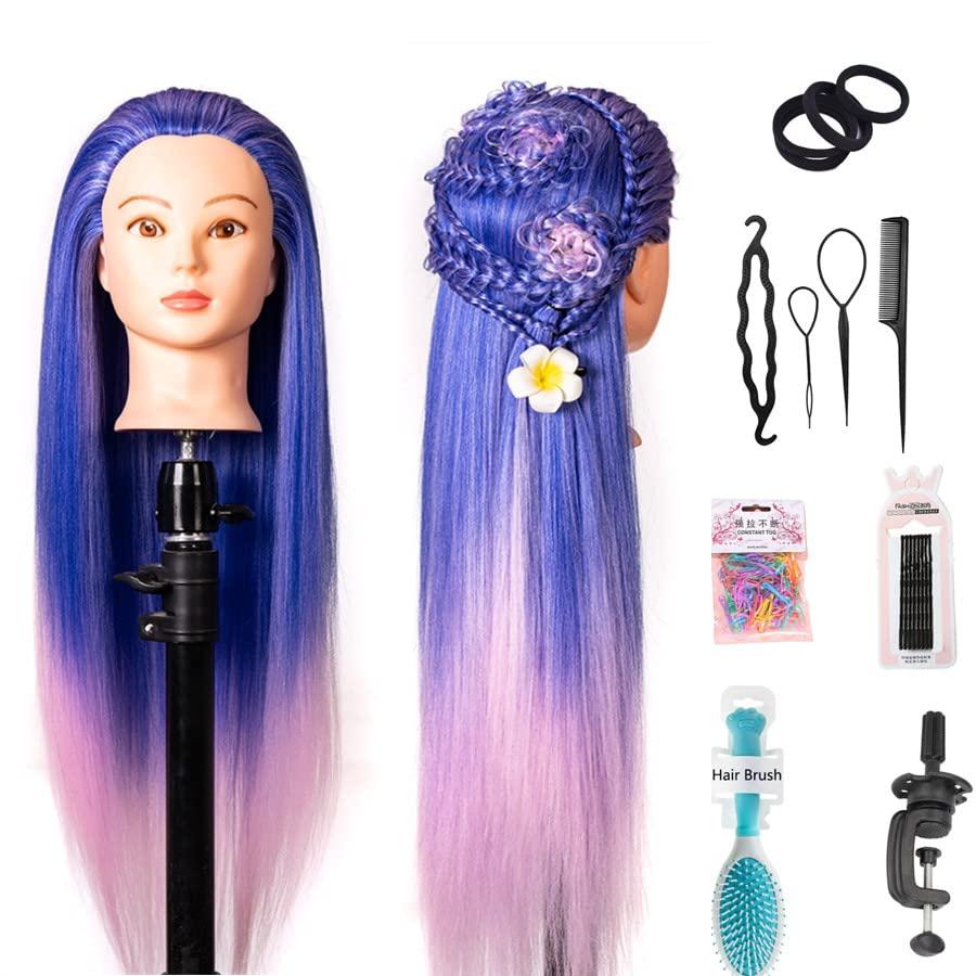 FEIYANJF Testa per parrucchieri,26Inch Testina Parrucchiere Capelli 100% Sintetica, Professionale Testa per Acconciature Testa Parrucchiera con Staffa+ DIY Accessori (blu polvere)