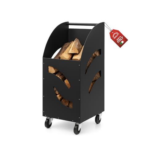MOHOME Carrello Portalegna da Interno Esterno con Ruote Metallo Spesso Nero Made in Italy Contenitore 80 x 42 x 32 cm Legnaia Manico Ergonomico Ruote Piroettanti Cesto per Ceppi Legno Stufa Camino