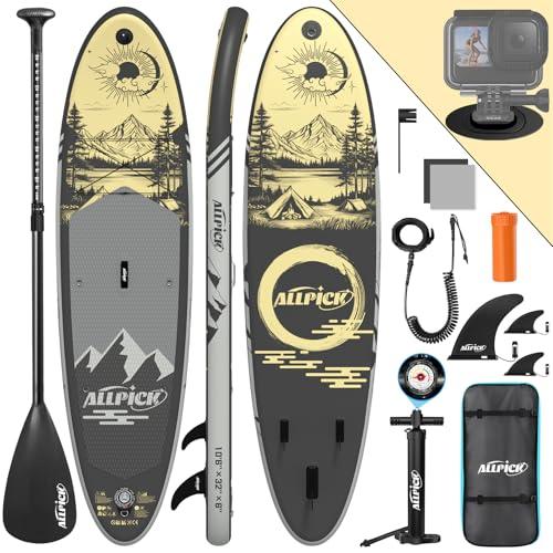 ALLPICK Sup Gonfiabile, Stand Up Paddle Board Gonfiabile, Con Supporto Universale per Fotocamera, Accessori Completi, Tavola da Sup Surf, Principianti e Avanzati, 200kg (Paesaggio - Grigio oro)