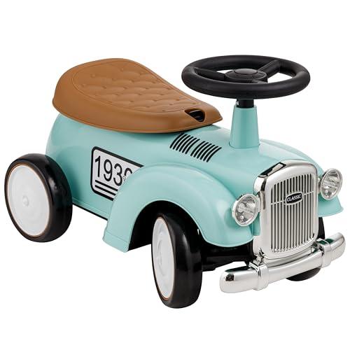Baroni Toys Macchina Ride-On Vintage per Bambini dai 12 ai 36 Mesi, Baby Car con Clacson ad Aria, Vano Portaoggetti, Manubrio Sterzante e Ruote Stabili per Imparare a Camminare, 25x59x35 cm, Celeste