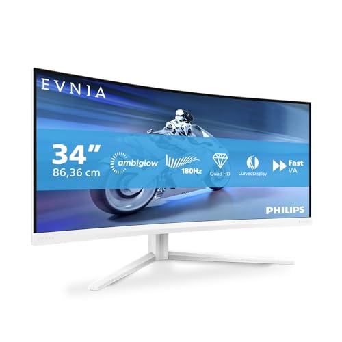 Philips Evnia 34M2C5501A - Monitor gaming curvo WQHD da 34 pollici, 180 Hz, 1 ms, FreeSync Premium, Ambiglow (3440x1440, 2x HDMI 2.0, 1x DisplayPort 1.4, Hub USB) bianco