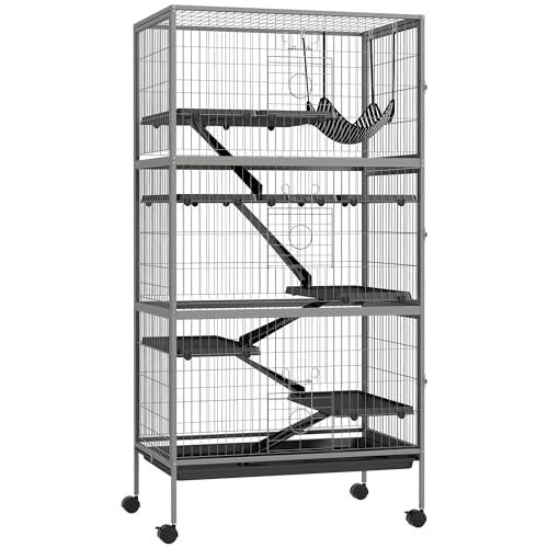PawHut Gabbia per Roditori con 4 Ingressi a Livelli Multipli con Amaca, Gabbia per Animali in Metallo e PP, 80x52x159 cm, Argento e Nero