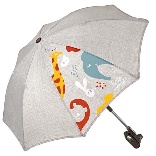 PERLETTI Ombrello Passeggino Parasole Universale Anti UV - Ombrellino da Sole Pioggia per Bambino Neonato con Stampa Animali - Mini Ombrellino Manuale per Carrozzina - Diametro 68 cm (Beige)