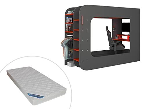 Vente-unique - Letto a soppalco Gamer + Materasso con scrivania, Scomparti e LED 90 x 200 cm Antracite e Rosso - Warrior