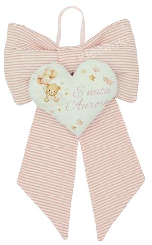Fiocco nascita bambino o bambina personalizzato, lavorato a mano in Italia, 50 cm di altezza, 30 cm di larghezza, rosa o azzurro (Rosa)