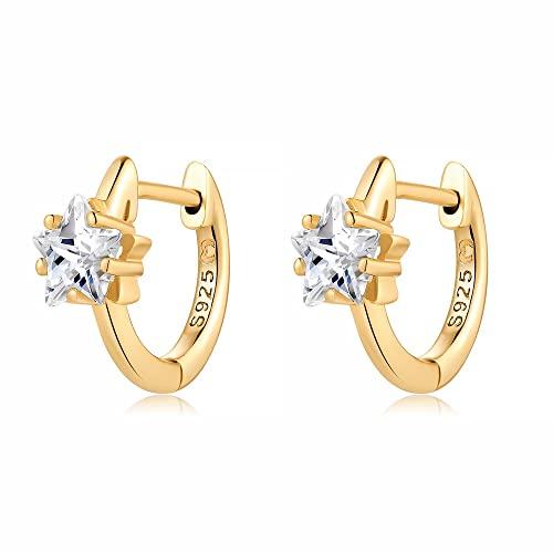 Orecchini cerchio da donna in argento 925 con zirconi a forma di stella. Set Orecchini da donna cerchio con finitura in argento sterling o oro 18 carati ideali per regalo... (Placcato oro)