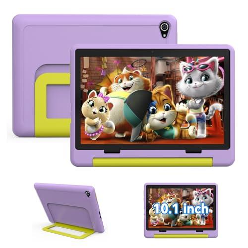 Tablet Bambini 10 Pollici Android 14 Display HD 1280x800 Batteria 5000mAh 8+64GB Espandibile a 1TB Doppia Fotocamera 5+8MP Custodia Protettiva + 3 Adesivi DIY (Viola)