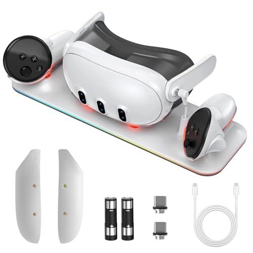 Olycism Stazione di ricarica compatibile con Meta Quest 3 Stand Display Caricatore con 2 Batterie Ricaricabili Stazione di Ricarica VR con Luce LED Accessori supporto per cuffie VR