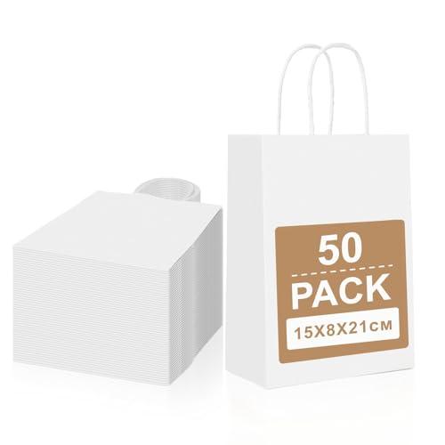 Gucass 50 Pezzi Piccolo Sacchetti Carta con Manici, Bianca Borse Carta Kraft Sacchetti da Regalo, 15x8x21cm, Shopper in Kraft Carta Borsa Regalo, per Feste Compleanno Natale Matrimoni Shopping