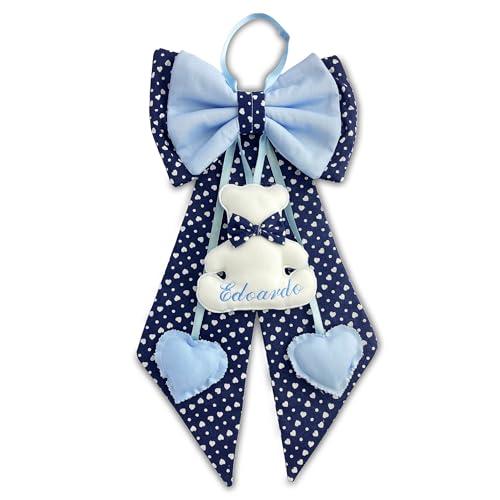 ZAIRISE - Fiocco Nascita Personalizzato con Nome Ricamato, Cotone Azzurro a Pois e Cuori Imbottiti, Fatto a Mano in Italia, pronto da Appendere, Idea Regalo Neonato Maschio, Elegante (Azzurro)