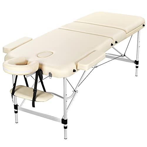 Yaheetech Lettino da Massaggio 3 Zone Pieghevole Portatile Alluminio 213 x 70 cm Fisioterapia Altezza Regolabile Poggiatesta e Braccioli Staccabili Portata 250 kg con Sacchetto per Polvere Beige