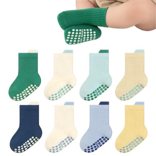 YANWANG 8 Paia di Calzini Antiscivolo con Grip per Bambini Piccoli Calzini Traspiranti per Neonati Bambini Bambina(Green+Blue,M:1-3Y)