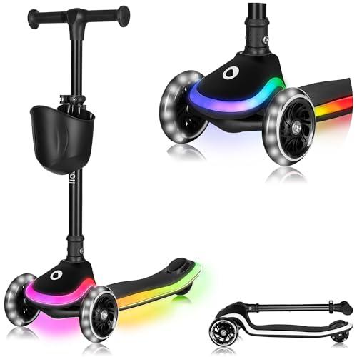 LIONELO Monopattino Bambino a 3 Ruote MEY per bambini da 3 anni fino a 50kg, Monopattino per Bambini con Illuminata e Ruote a LED, Altezza Regolabile, Pedana Antiscivolo, laggero, Cestino (MEY, Nero)