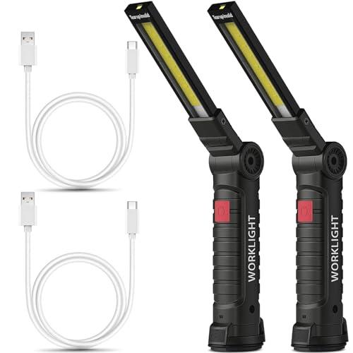 m MU Torcia LED Ricaricabile Type-C, Lampada da Lavoro COB 360° Pieghevole con Base Magnetica Forte e Gancio, 5 Modalità Luce per Auto/Campeggio/Emergenza, Idea Regalo (Include Cavo USB-C)-2PZ
