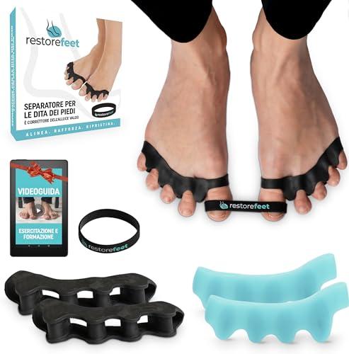 RestoreFeet Separatore Dita Piedi con Fascia Anti Alluce Valgo – 2 Paia (Nero + Azzurro) + Banda Nera – Confezione con Video Guida Esercizi – Silicone 0% BPA Uomo Donna