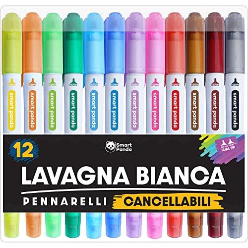 Smart Panda Pennarelli Lavagna Bianca - Doppia Punta, Media e Fine – Cancellabili - Subito Asciutti, 12 Colori