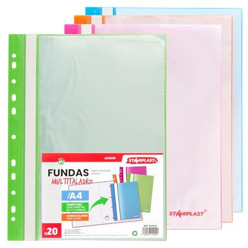 AC1049 - Cartella portadocumenti con 10 buste in plastica trasparente, con copertina in plastica trasparente, multiforo, formato A4, ideale per raccoglitori ad anelli e raccoglitori, 4 pezzi 20 Fundas