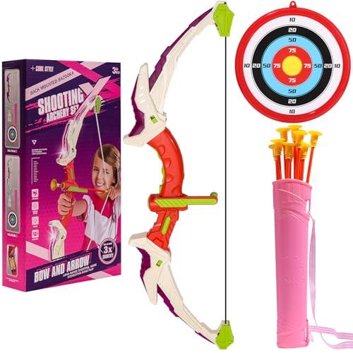 Arco e freccia per bambini, set di giocattoli con LED, 10 frecce con ventose, bersaglio e carcone, giocattolo da allenamento interno ed esterno per bambini e ragazze (rosa.)