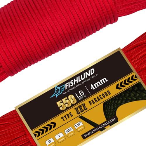 FISHLUND Paracord 550 libbre, corda Paracord tipo III a 7 fili da 100 piedi, 4 mm, corda da paracadute in nylon per campeggio, Rosso Imperiale