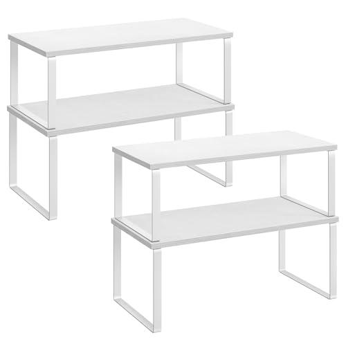 SONGMICS Organizzatori da Cucina, Set di 4 Scaffali da Banco, Portaoggetti per Armadietto, Impilabile, Espandibile, Metallo e Legno Ingegnerizzato, Bianco Nuvola e Bianco Neve KCS028W01
