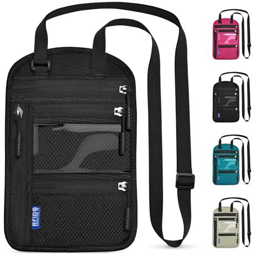 Yordawn Portadocumenti da Collo Borsello da Viaggio con Blocco RFID Porta Passaporto con Tracolla Regolabile per Uomo Donna Impermeabile Portafoglio da Сollo per Carte Passaporto (Nero Scuro)