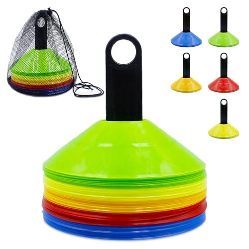 Druuzyl 50 Pezzi Coni Allenamento Calcio - Dischi Segnalazione 5 Colori con Supporto e Rete, Kit Completo per Partite/Scuola/Atletica (Materiale Resistente)