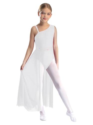 inhzoy Vestito da Balletto Ragazza Abito da Ballo Lirico Contemporaneo Senza Maniche Body Danza Classica Ginnastica con Gonna in Tulle Vestito da Danza Moderna Jazz Samba Bianco 9-10 Anni