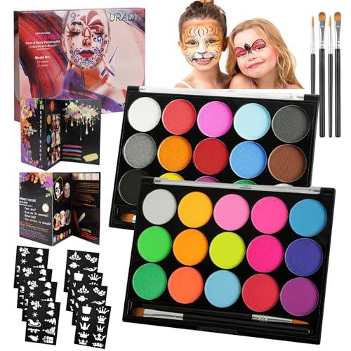 URAQT Body Painting, 30 Colori Pittura di Corpo con 4 Pennelli e 8 Stencil, Non Tossico Fluo Colori Trucco Viso a Base d'acqua, Truccabimbi Halloween per Pelle Viso Corpo, Festa, Carnevale