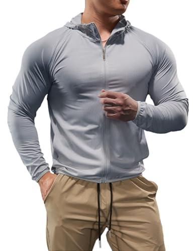 palglg Uomo Sport Felpa con Cappuccio Zip Completa Giacca Leggero Fitness Manica Lunga Asciugatura Rapida Maglie per Corsa Top Grigio M