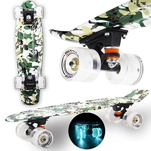 WeLLIFE Skateboard Mini Cruiser RGX Tavola Skate 22” 56cm per Giovani Ragazzi Adulti, Ruote Luminose PU 78A con Luci Flash LED Cuscinetti ABEC-7RS (Military)