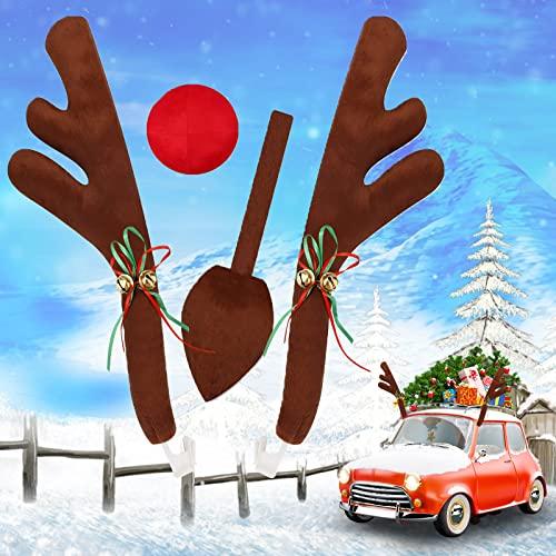 Amzeeniu Corna Renna per Auto,4pcs Decorazione Auto Natale,Corna Renne per Auto Corna di Renna Natalizio per Auto Decorazione Natalizia con Corna con Campane e Naso Rosso e Coda(Marrone)