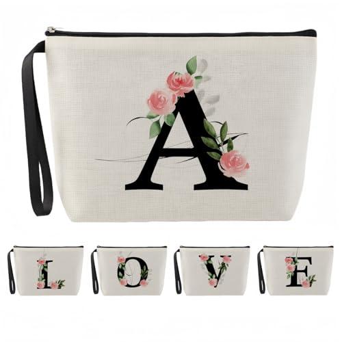 Blisswave Pochette Personalizzata dalla A alla Z, Regali per Donna, Mamme e Amica, Regali di Natale e Compleanno, Elegante e Carina Beauty Case da Viaggio con Iniziale Nome Floreale Rosa (Beige)