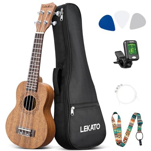 LEKATO Soprano Ukulele Sapele 21 Pollici Starter Kit Con Gig Bag/Accordatore/Tracolla/Plettri/Corda, Travel Hawaii 4 Corde Chitarra Set per Principianti, Regalo Musicale di Natale