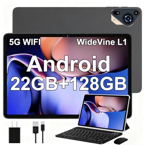 Android 14 Tablet 10 Pollici con 22 GB RAM + 128 GB ROM (Espandibile Fino a 1 TB), Widevine L1, 8000mAh, Octa-Core 2.0 GHz, 5G Wi-Fi, GPS, USB-C, Tablet con Tastiera + Mouse + Custodia, Grigio scuro