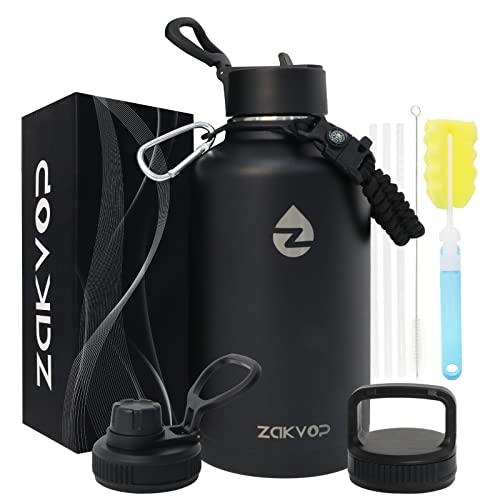 ZAKVOP Borraccia Termica 2 Litri con Cannucce e 3 Coperchi, Borraccia Acciaio Inox con Manico in Paracord, Bottiglia Termica con Spazzole per Palestra, Escursionismo, Campeggio (Nero)